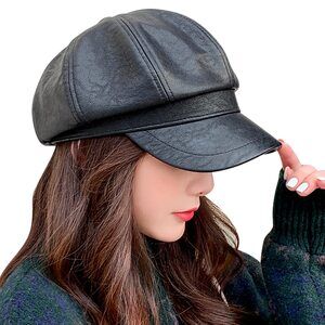 4741 Women's Newsboy Beret Hat- Pu Leather Cabbie Solid Black Cap